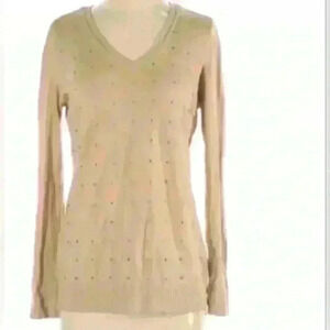 Michael KORS Beige Gold Studded V Neck Long Sleeve Cotton Sweater